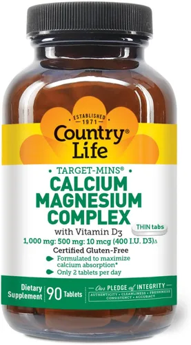 Miniatura 11 de Country Life Target-Mins - Calcio y magnesio con complejo de vitamina D, 1000 mg/500 mg/10 mcg, 120 cápsulas veganas, certificado sin gluten