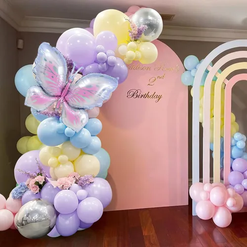 Miniatura 3 de Kit de arco de globos de mariposa, 148 unidades, guirnalda de globos rosa pastel y morado, amarillo, azul, con globo de aluminio de mariposa grande