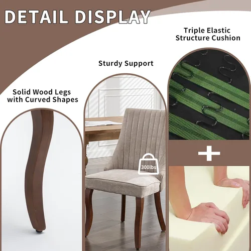 Miniatura 4 de Juego de 2 sillas de comedor modernas de mediados de siglo, tapizadas de tela beige, sillas de cocina y comedor, sillas de cocina con patas