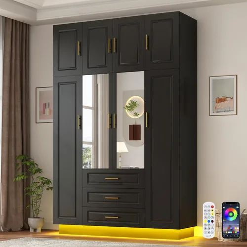 Miniatura 10 de Hlivelood Armario Grande Ropero Gabinete con Cajones y Luces LED, Estantes de Múltiples Niveles, Barra para Colgar, Armario de Gran Capacidad