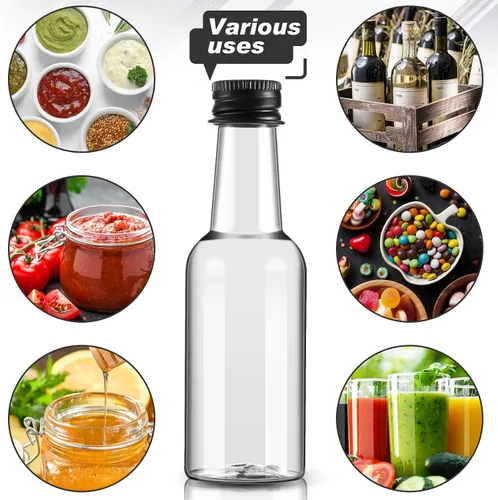 Miniatura 7 de Tessco 100 Piezas Mini Botellas de Licor de Plástico Mini Botella de Aderezo para Ensalada Navidad Pequeños Chupitos Soportes de Alcohol con Tapa