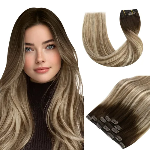 Miniatura 32 de Vivien Extensiones de cabello humano con clip, color negro azabache, extensiones de cabello humano real con pinzas invisibles, doble trama, 14