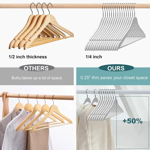 Miniatura 3 de Percha de ropa de madera ultra fina de lujo que ahorra 100 grados con barra cuadrada para pantalones, lo mejor para camisas, blusas, pantalones