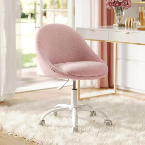 Miniatura 11 de VASAGLE Silla de tocador con respaldo, silla de escritorio giratoria ajustable y linda con ruedas, sherpa y cuero PU para soporte lumbar, compacta