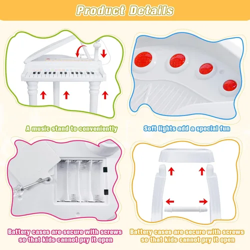 Miniatura 6 de Love&Mini - Teclado/piano electrónico de juguete con 31 teclas como regalo de cumpleaños para niñas bebés de 3 años de edad, con micrófono, taburete