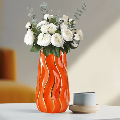 Miniatura 2 de Jarrón de cerámica, jarrón naranja para decoración del hogar, florero decorativo, jarrones de cerámica de rayas verticales para decoración