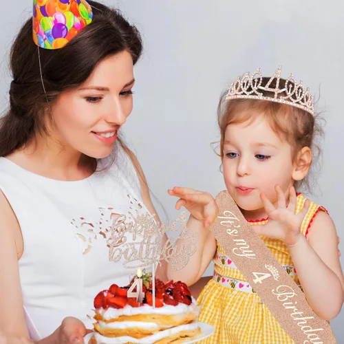 Miniatura 2 de Decoraciones de cumpleaños de 4 años para niña, que incluyen banda, corona, vela numérica y adorno para pastel; suministros de recuerdos de fiesta