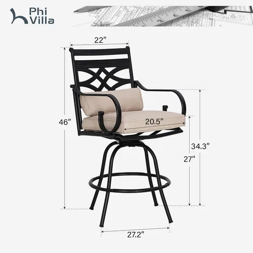 Miniatura 2 de PHI VILLA Juego de 2 taburetes de bar giratorios para exteriores, sillas de bar de altura de mostrador de patio con respaldo y reposabrazos, metal