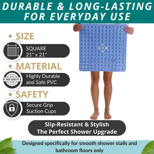 Miniatura 3 de ENKOSI Tapete de ducha cuadrado antideslizante de 21 x 21 pulgadas con ventosas y agujeros de drenaje, tapete antideslizante para ducha