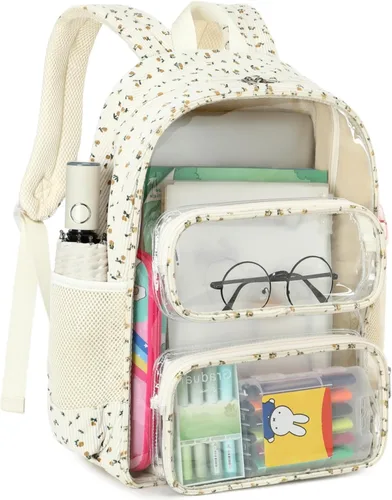 Miniatura 66 de CAMTOP Mochila transparente resistente y transparente para estudiantes, escuela, trabajo, festival, viajes, deportes, Beige, Mediana, Camtop Mochila