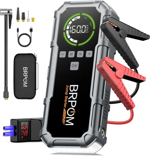 Arrancador de batería con compresor de aire, BRPOM 8000A arrancador de batería portátil para automóvil (todo gasolina/12L diésel), paquete de