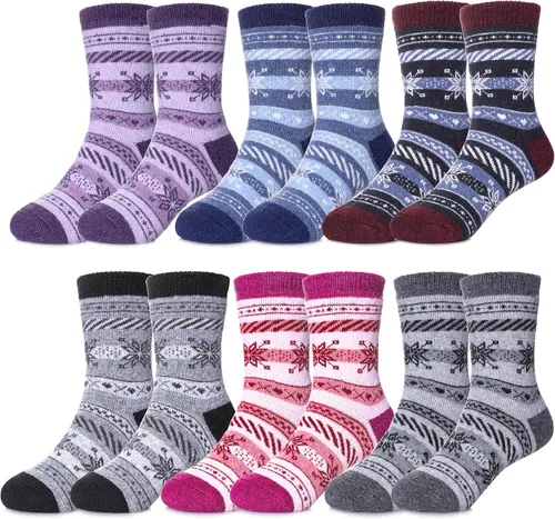FNOVCO Calcetines de lana para niños pequeños, cálidos, de lana gruesa, para senderismo, térmicos, acogedores, para niños y niñas, paquete de 6