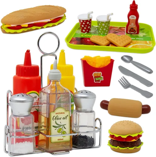 Kiddie Play Juegos de comida para la cocina de los niños, juego de comida rápida y condimentos con hamburguesa, perrito caliente, papas fritas,
