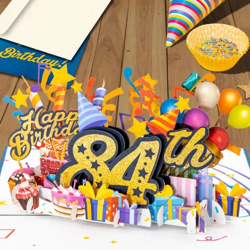 Miniatura 5 de iGifts And Cards Tarjeta desplegable 3D de feliz cumpleaños 84 – Diseño azul con números de purpurina, globos, pasteles y regalos – Tarjeta