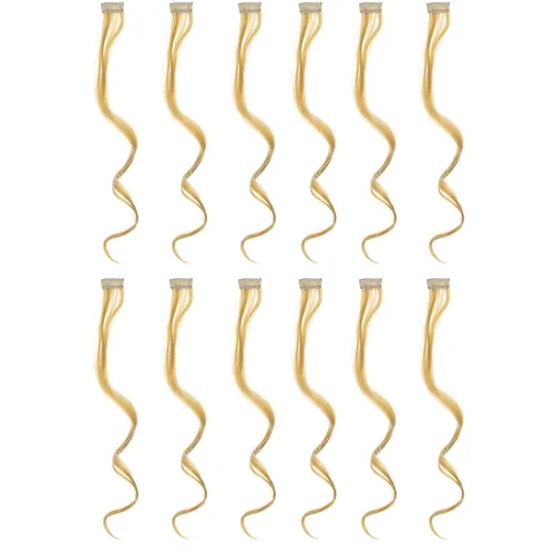 SWACC 12 extensiones de cabello sintético con clip, de un color, rizado, ondulado, con reflejos, para fiesta, para mujer (rubio beige)