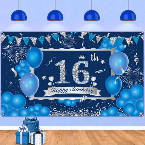 Decoraciones de feliz cumpleaños número 16, pancarta azul y plateada y suministros de fiesta para uso en exteriores e interiores, 72.8 x 43.3
