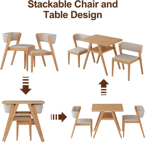 Miniatura 4 de Juego de mesa de comedor bistró de madera maciza, 3 piezas, mesa de comedor para patio al aire libre, juego de 2 con sillas tapizadas, silla