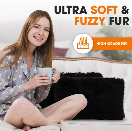 Miniatura 2 de Cheer Collection Almohadas para sofá y cama, almohadas suaves y peludas con rellenos incluidos, acogedoras almohadas de pelo sintético de pelo Negro