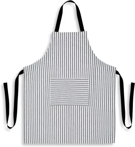 Miniatura 2 de Delantal de rayas de algodón tejido con bolsillo, tiras ajustables, negro y blanco