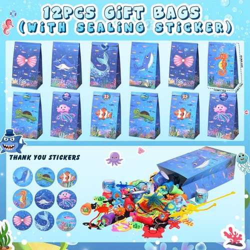 Miniatura 2 de Winrayk 148 piezas de regalos de fiesta bajo el mar, suministros de cumpleaños, bolsa de regalo de animales del océano del mar, marcapáginas de mano