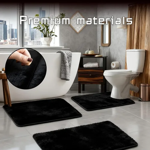 Miniatura 4 de Juego de alfombras de baño de 3 piezas, tapete de baño antideslizante de microfibra absorbente de felpa, forro polar coral, tapete de inodoro