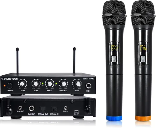 Miniatura 9 de Sound Town Sistema Mezclador de Karaoke con Micrófono Inalámbrico de 100 Canales con 2 Micrófonos de Mano de Metal, Óptico (Toslink), AUX