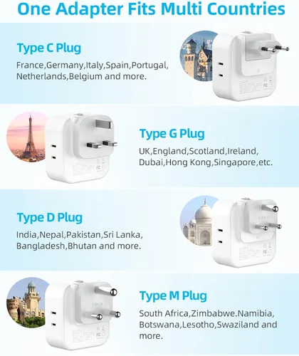 Miniatura 2 de Juego de adaptadores de enchufe de viaje europeos, adaptador de viaje 8 en 1 con 4 tomas, 4 puertos USB (2 USB C), EE. UU. a Reino
