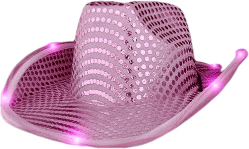 Miniatura 4 de blinkee Paquete de 12 sombreros de vaquero de lentejuelas rosas y tiara LED blanca para despedida de soltera para fiesta nupcial
