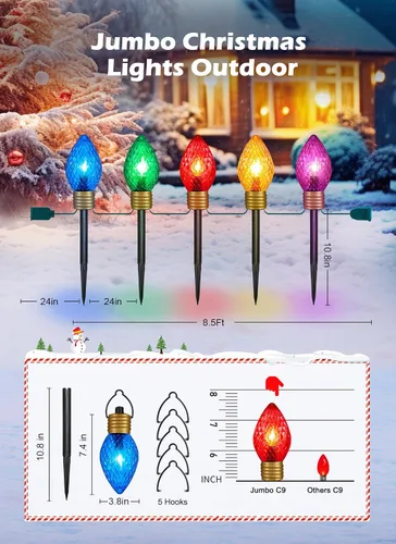 Miniatura 3 de Strawberry Jumbo C9 Luces de Camino de Navidad para Exteriores - 8.5 Pies 5 Luces LED C9 de Navidad, Luces C7 Cubiertas Jumbo Multicolor Luces