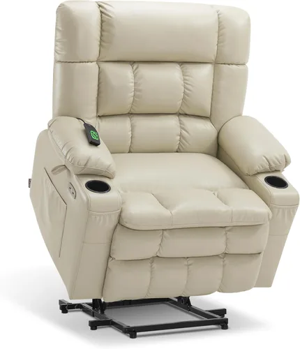 Miniatura 25 de MCombo Silla reclinable eléctrica de motor dual para adultos mayores, silla de elevación plana con calor y masaje, portavasos, puertos USB, piel