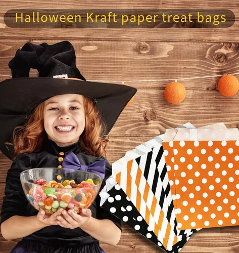 Miniatura 6 de Jexila Paquete de 100 bolsas de regalo de Halloween, bolsas de papel con patrón de lunares naranjas y negros con patrón de rayas para niños, regalos