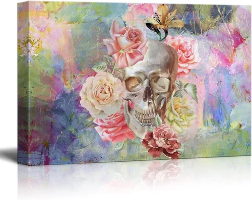 Miniatura 14 de wall26 - Lienzo decorativo para pared, calavera y flores sobre fondo abstracto, arte moderno para el hogar, listo para colgar, 32 x 48 pulgadas Obra