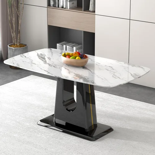 Una mesa de comedor moderna, minimalista y lujosa con una mesa de mármol de imitación blanca y patas con soportes en forma de U. Mesas en