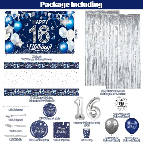 Miniatura 2 de Decoraciones de cumpleaños número 16 para niños y niñas, 131 unidades, azul marino, plateado, suministros para fiesta de cumpleaños de 16 años