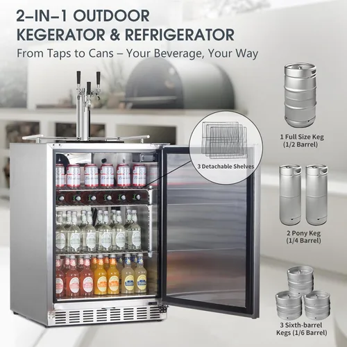 Miniatura 2 de HCK Kegerator, Kegerator de 24 Pulgadas para Exteriores para Patio con 3 Grifos, Dispensador de Cerveza de Tamaño Completo y Refrigerador de Bebidas