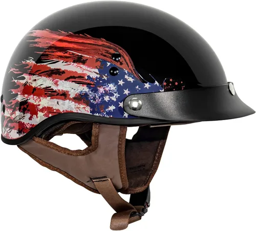 Miniatura 2 de VCAN Cruiser - Casco de motocicleta de media cara con visera abatible, pico extraíble y hebilla de liberación rápida Bandera negra brillante