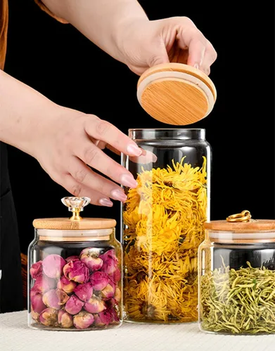 Miniatura 3 de 123Arts Recipiente de vidrio para almacenamiento de alimentos Tarro de especias de plato de caramelo con tapa de madera Mediano