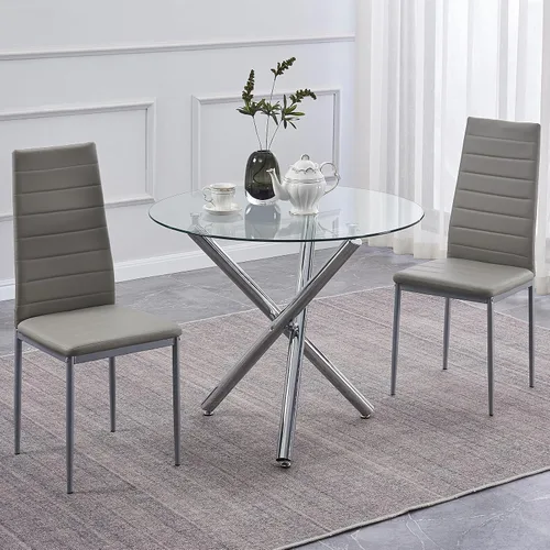 Miniatura 11 de Juego de mesa de comedor redonda negra para 2, mesa de cocina de vidrio templado con 2 sillas de piel sintética, juego de comedor de 5 piezas