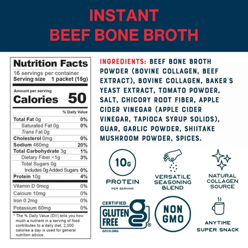 Miniatura 2 de Mezcla instantánea Bare Bones de caldo de huesos, de huesos, de res, 10gr de proteína, apto para dieta Keto y Paleo, sobres en barras de 0.53 oz