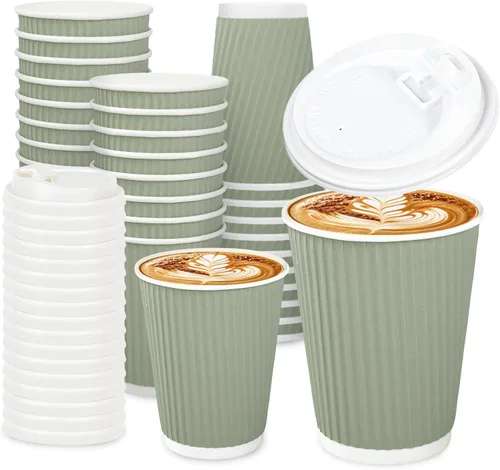 Miniatura 21 de Whaline 100 tazas de café desechables de color azul polvoriento de invierno con tapas, tazas de papel azul degradado de 12 onzas, tazas calientes