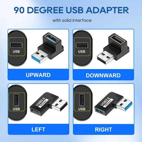 Miniatura 2 de UCEC Adaptador USB de 90 grados, adaptador de ángulo recto USB 3.2, ángulo izquierdo y recto horizontal USB A macho a USB A hembra, conector