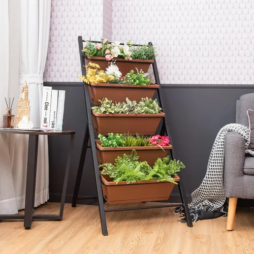 Miniatura 3 de Giantex Maceta vertical elevada, camas de jardín elevadas con orificio de drenaje de agua, cajas independientes de 5 contenedores para cultivo