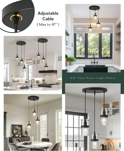 Miniatura 5 de LMS Lámparas colgantes negras de 3 luces, lámpara colgante ajustable para cocina, luces colgantes en racimo, LMS-188 Negro - Vidrio martillado