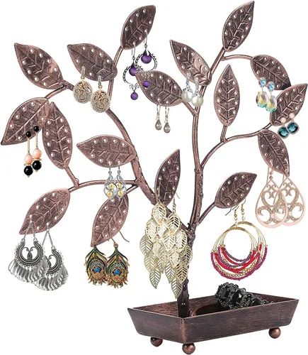 Miniatura 2 de MyGift - Árbol para colgar joyas, aretes y collares con charola para anillos., Bronce, TB-J0115BRZ