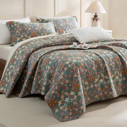Miniatura 13 de Sanracie Edredón extragrande tamaño King (120"x120"), juego de edredón 100% algodón con estampado floral verde de 3 piezas, edredón suave y ligero