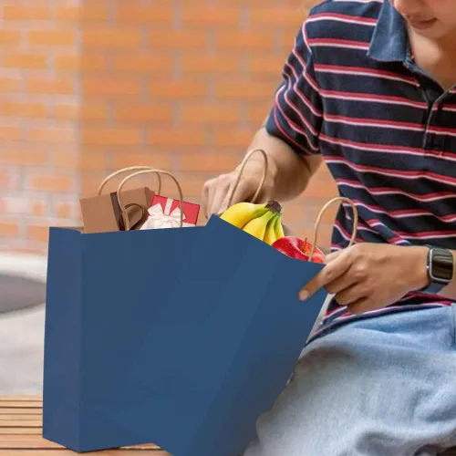 Miniatura 7 de bagmad Paquete de 100 bolsas de papel de regalo azules medianas de 8 x 4.75 x 10 pulgadas con asas, bolsas de papel de estraza a granel, bolsas