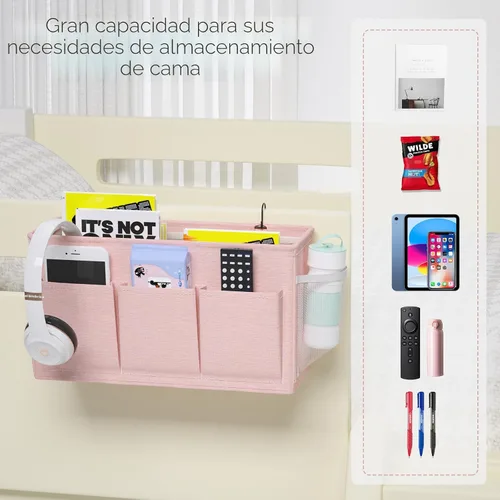 Miniatura 5 de Edudif Organizador de Cabecera de Doble Propósito, Organizador de Cama con 6 Bolsillos, Solución de Almacenamiento Versátil para Mesita de Noche
