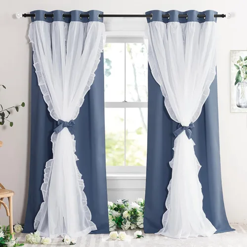 Miniatura 35 de PONY DANCE Cortinas con Volantes de Doble Capa con Superposición Transparente, Decoración Elegante para Ventanas de Diseño Rústico Francés de Campo