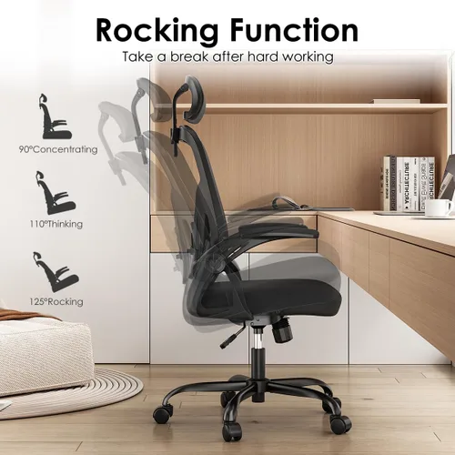 Miniatura 5 de Silla de oficina ergonómica de malla, silla de escritorio con respaldo alto y reposabrazos, soporte lumbar ajustable hacia arriba y hacia abajo