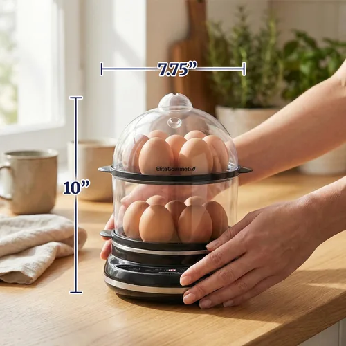 Miniatura 3 de Elite Gourmet EGC314CB - Cocedor de huevos digital fácil, vaporizador de alimentos, escalfador, huevo blando, medio, duro con 6 funciones Carbón